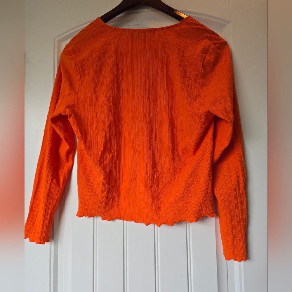 🍊✨ Anthropologie WRAY Orange Ribbed Lettuce Edge Button Down Cardigan XL - Picture 6 of 11
